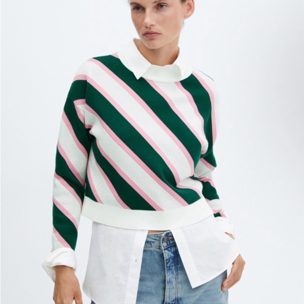MANGO Striped Green and‎ Pink Sweater Preppy - Picture 2 of 5